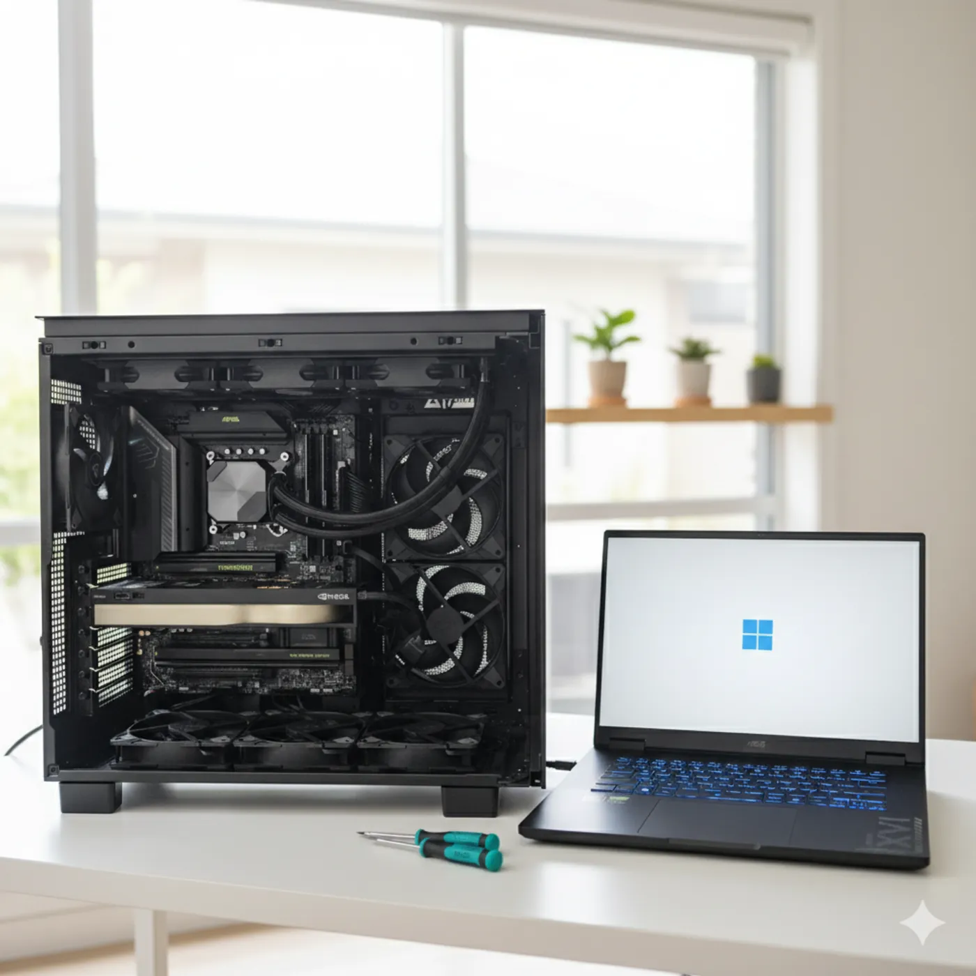 Modern custom PC build on a clean workbench